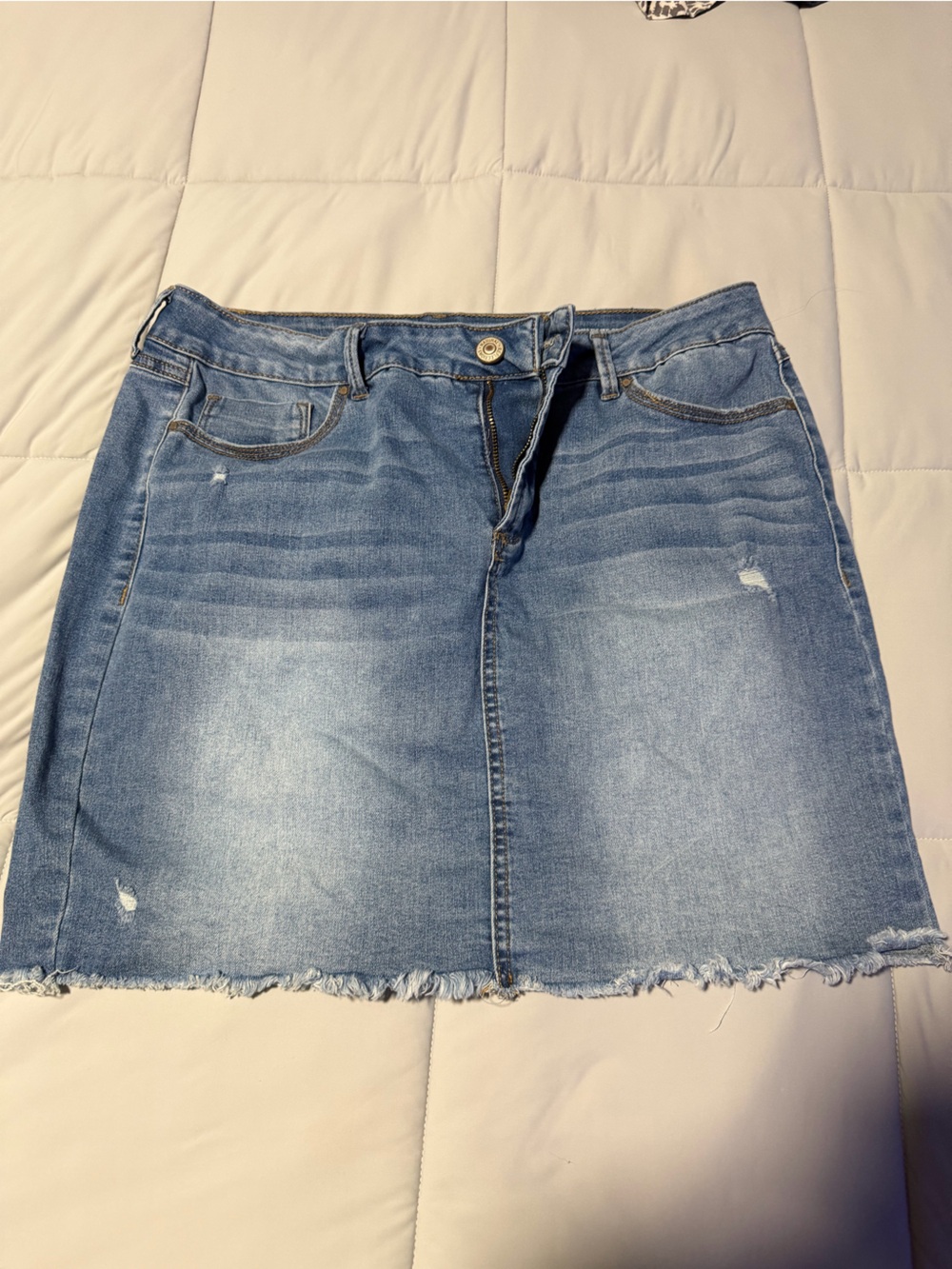 Natural Reflections Medium Blue Distressed Denim Midi Skirt